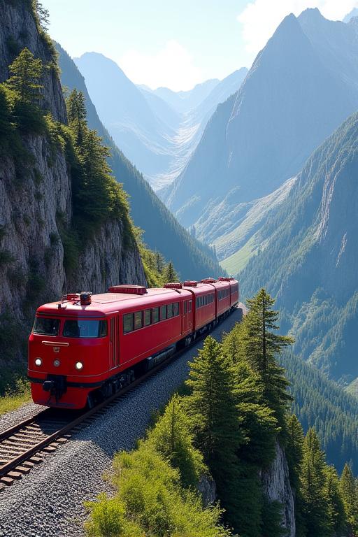A red mountain train climbing a steep alpine pass.