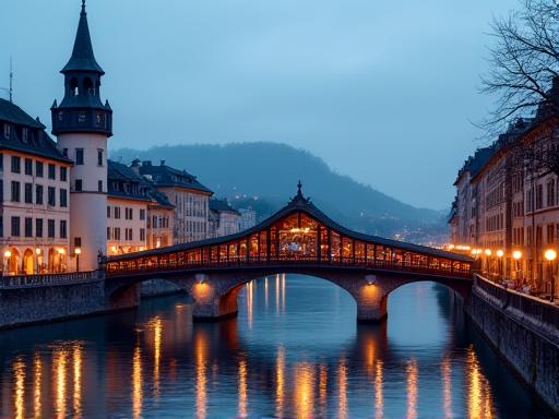 The Chapel Bridge in Lucerne at dusk.