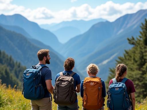 A happy group of travelers enjoying a scenic view during a hike.
