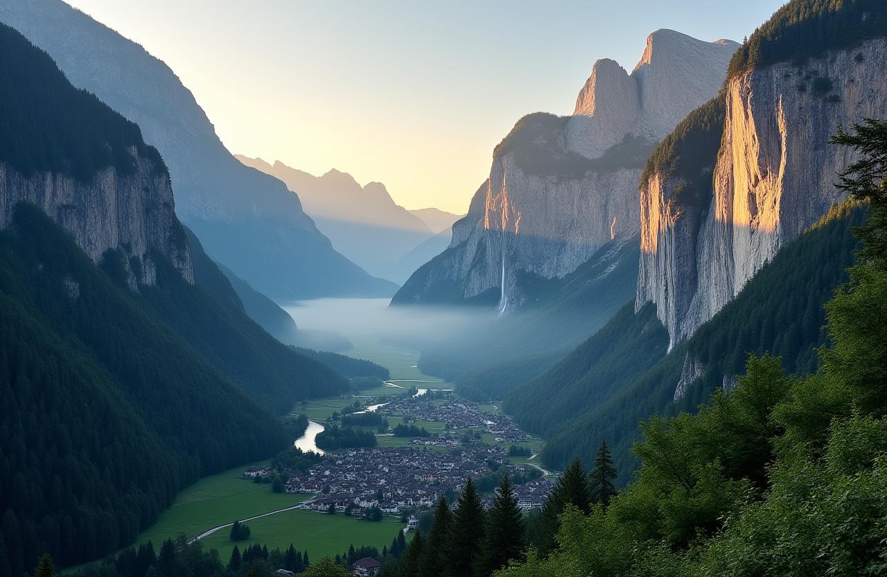 A breathtaking view of Lauterbrunnen Valley in Switzerland at sunrise.