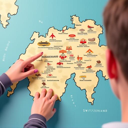 A person pointing to a location on a map of Switzerland.