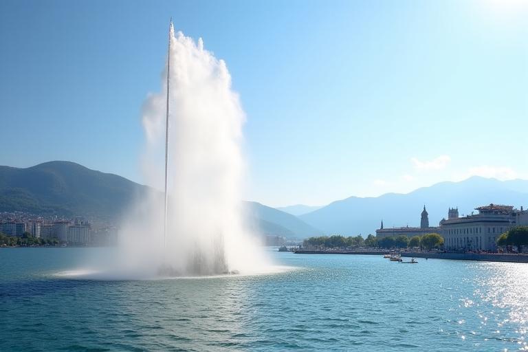 The Jet d'Eau fountain in Lake Geneva, Switzerland.