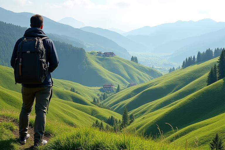A hiker looking over the rolling green hills of Appenzell.